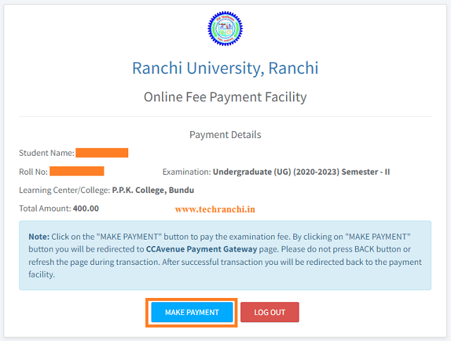 Ranchi University Exam Fee Payment 
