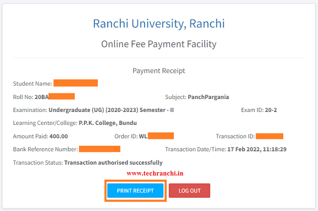 Ranchi University Fee Payment Receipt Download